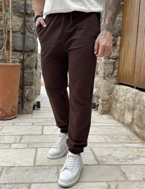 Ανδρική καφέ αθλητική φόρμα με λάστιχο KEF2616