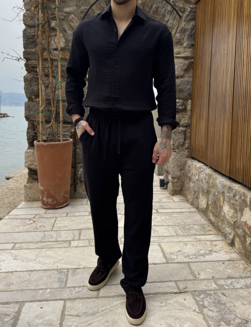 Ανδρική μαύρη loose παντελόνα με λάστιχο ES517