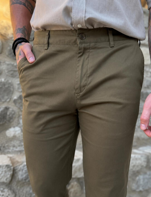 Ανδρικό χακί υφασμάτινο παντελόνι Chinos D1351X