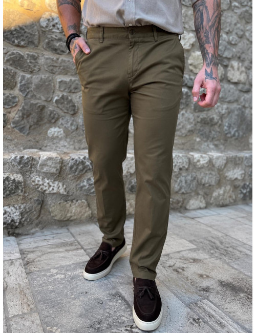 Ανδρικό χακί υφασμάτινο παντελόνι Chinos D1351X